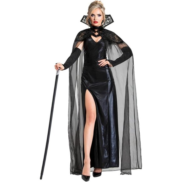 Women Gothic Long Black Tulle Vampire Cape with Stand-Up Lace Collar - Picture 1 of 8